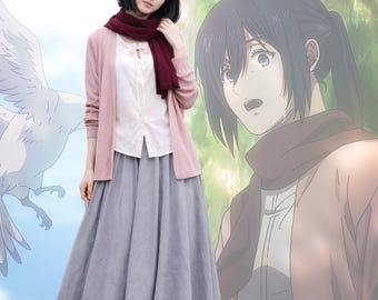 Anime Style Outfit Frauen Cosplay Set Rosa Strickjacke Roter Schal Grauer Rock Handmade Kostüm Benutzerdefinierte Größe Japanische Mode Outfit