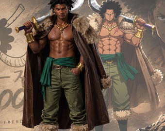 Anime inspiriert Krieger König Pelzkragen Ledermantel, Piratenkapitän Cosplay Mantel, langer brauner Lederumhang, Fantasy Anime Kostüm Mantel