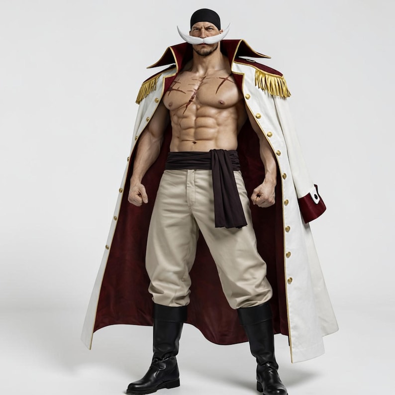 May include: A cosplay of a character from the anime series One Piece. The character is wearing a white coat with gold trim and a red interior, tan pants, black boots, and a black head covering. The character has a large white mustache.