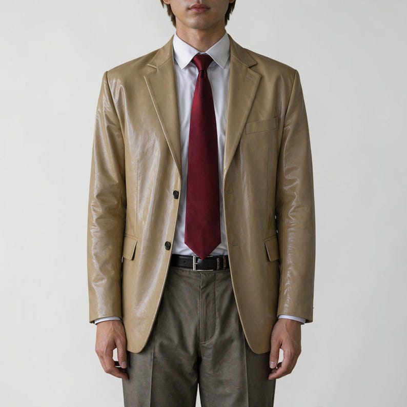 May include: A tan leather blazer with a burgundy tie, white dress shirt, and gray trousers. The blazer has two black buttons and two front pockets. The outfit is completed with a black belt.