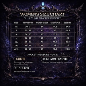 May include: A size chart for women's jackets, with measurements in inches. The chart includes sizes XS to XXXL, detailing body, jacket chest, shoulder, and sleeve measurements. Includes a jacket measure guide for chest, full arm length, and shoulder.