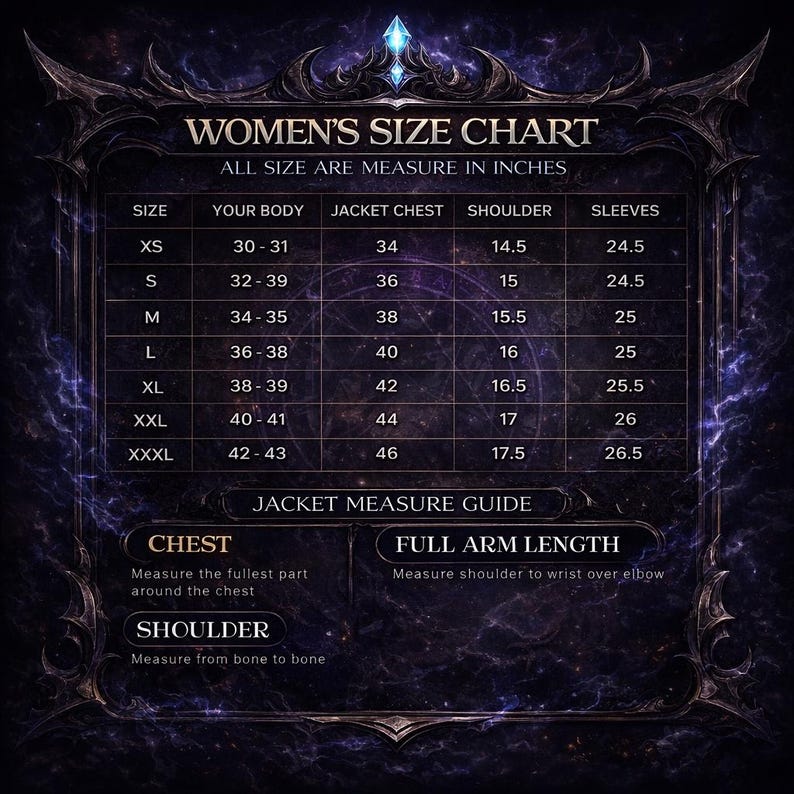 May include: A size chart for women's jackets, with measurements in inches. The chart includes sizes XS to XXXL, detailing body, jacket chest, shoulder, and sleeve measurements. Includes a jacket measure guide for chest, full arm length, and shoulder.