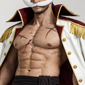 May include: A cosplay costume featuring a white and red coat with gold trim and buttons. The coat has a high collar and is worn over a bare chest with a scar and cross-shaped markings. A large white mustache is also visible.