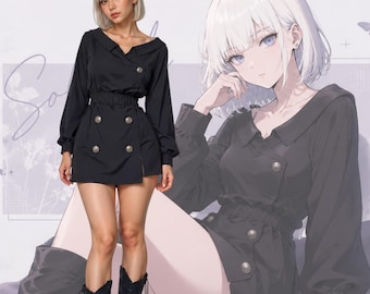 Anime inspiriert Schwarz Mini Kleid Cosplay Kostüm, Gothic Kleid, niedliches Waifu Outfit, Sondergröße Convention Kostüme