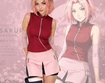 Anime inspiriert Pink Ninja Cosplay Kostüm-Set, ärmellose rote Jacke & rosa Rock Outfit, maßgeschneiderte Cosplay Kostüm, Convention Wear