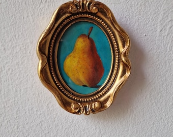 Cute Pear Painting, Original Small Framed Artwork, Kitchen Decor, Minimal Fruit Wall Art 12x10 cm”