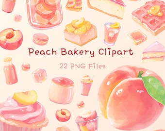 Peach Bakery Clipart Bundle, Cute Peach Dessert PNG, Coral Orange Aesthetic Clipart, Kawaii Food Illustration, Scrapbook, Sticker Design