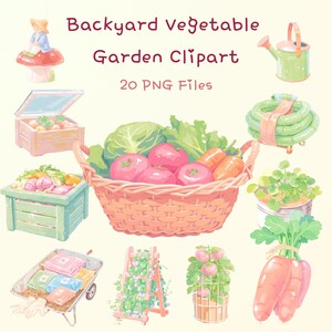 Könnte beinhalten: Eine Illustration mit Gartenmotiven. Sie zeigt einen Korb mit Tomaten, Karotten und Salat, eine Gießkanne und einen Gartenschlauch. Der Text "Backyard Vegetable Garden Clipart" und "20 PNG Files" ist ebenfalls im Bild enthalten.