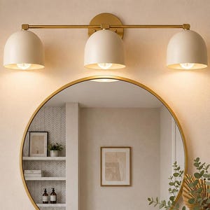 Brass Vanity Light, Cream Dome, 3-Light Hotel Style Bathroom Fixture