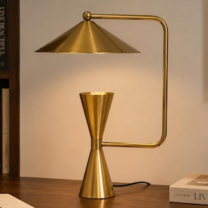 Handmade Polished Brass Table Lamp, Mid-Century Modern Bedside Light