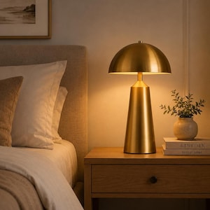 Brass Table Lamp, Mushroom Shade, Modern Warm Glow Decor