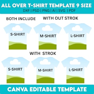 Peut inclure: Graphique de six mod&egrave;les de t-shirts de tailles S, M et L, avec et sans effets de contour. Chaque mod&egrave;le pr&eacute;sente un ciel et un paysage. Le texte comprend "ALL OVER T-SHIRT TEMPLATE 9 SIZE" et "CANVA EDITABLE TEMPLATE".