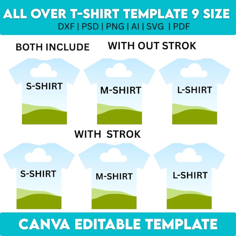 Peut inclure: Graphique de six mod&egrave;les de t-shirts de tailles S, M et L, avec et sans effets de contour. Chaque mod&egrave;le pr&eacute;sente un ciel et un paysage. Le texte comprend "ALL OVER T-SHIRT TEMPLATE 9 SIZE" et "CANVA EDITABLE TEMPLATE".