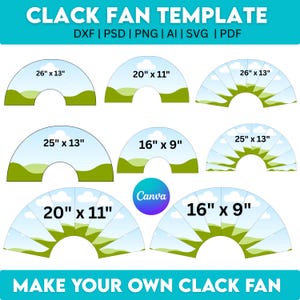 May include: A template for a clack fan design, featuring multiple fan shapes with landscape imagery. The image includes dimensions in inches, such as 26" x 13" and 20" x 11". Text at the top reads "CLACK FAN TEMPLATE" and "MAKE YOUR OWN CLACK FAN" at the bottom.
