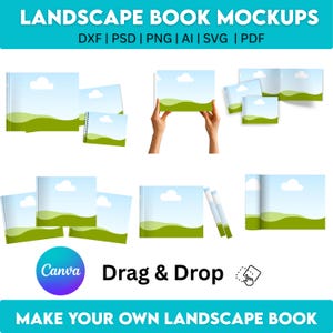 May include: A collection of landscape book mockups with a blue sky and green landscape design. The image includes various book layouts, including a spiral-bound book and open books. Text includes "LANDSCAPE BOOK MOCKUPS" and "MAKE YOUR OWN LANDSCAPE BOOK".