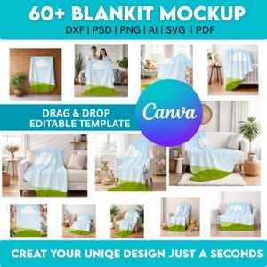 May include: A mockup image showcasing a blanket design with a blue sky, white cloud, and green landscape. The image includes the text "60+ BLANKIT MOCKUP" and "DRAG & DROP EDITABLE TEMPLATE". The Canva logo is also visible.