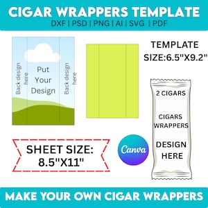 May include: A template for cigar wrappers with the text "CIGAR WRAPPERS TEMPLATE". The template includes a design area, a wrapper design, and a sheet size of 8.5" x 11". The template size is 6.5" x 9.2".