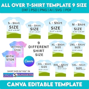 以下が含まれることがあります： S、XS、L、M、XL、2XL、3XL、4XL、5XLを含む9つの異なるサイズを持つTシャツテンプレートを示すグラフィック。このテンプレートは、CricutおよびSilhouetteマシンで使用するように設計されており、Canvaで編集可能です。