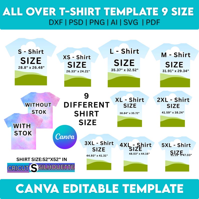 Peut inclure: Graphique pr&eacute;sentant un mod&egrave;le de t-shirt avec neuf tailles diff&eacute;rentes, dont S, XS, L, M, XL, 2XL, 3XL, 4XL et 5XL. Le mod&egrave;le est con&ccedil;u pour &ecirc;tre utilis&eacute; avec les machines Cricut et Silhouette, et est modifiable sur Canva.