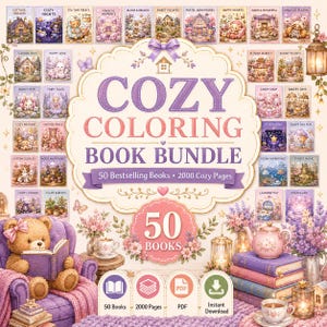May include: A digital colouring book bundle featuring the text COZY COLOURING BOOK BUNDLE, 50 Bestselling Books, 2000 Cozy Pages, and 50 BOOKS. The image displays numerous small illustrations of teddy bears, cosy rooms, and landscapes in a soft pastel colour palette.