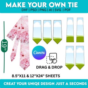 Può includere: Un modello di design per cravatta con un motivo floreale rosa e bianco. L'immagine include modelli di cravatta, il logo Canva e il testo: "MAKE YOUR OWN TIE" e "DRAG & DROP". La cravatta è lunga 48 cm.