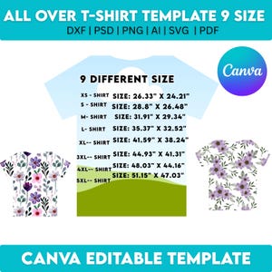 Peut inclure: Un mod&egrave;le Canva modifiable pour t-shirts imprim&eacute;s, disponible en 9 tailles. L'image pr&eacute;sente un aper&ccedil;u de t-shirt bleu clair avec les dimensions en cm, allant de XS &agrave; 5XL. Des motifs floraux sont affich&eacute;s sur les c&ocirc;t&eacute;s. Le mod&egrave;le est disponible en DXF, PSD, PNG, AI, SVG et PDF.