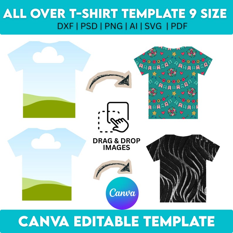 Peut inclure: Image d'un mod&egrave;le de t-shirt avec le texte "ALL OVER T-SHIRT TEMPLATE 9 SIZE" et des options de format de fichier. La conception comprend des exemples de motifs de t-shirts, une fonction de glisser-d&eacute;poser d'images et le logo Canva. La banni&egrave;re inf&eacute;rieure indique "CANVA EDITABLE TEMPLATE."