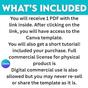 Peut inclure: Graphique blanc avec le texte "WHAT'S INCLUDED" en teal. Le texte d&eacute;crit le contenu d'un achat : un PDF avec un lien vers un mod&egrave;le Canva, un court tutoriel et des d&eacute;tails de licence commerciale.