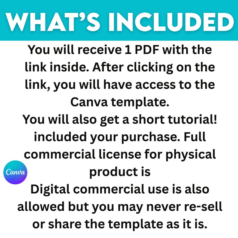 Peut inclure: Graphique blanc avec le texte "WHAT'S INCLUDED" en teal. Le texte d&eacute;crit le contenu d'un achat : un PDF avec un lien vers un mod&egrave;le Canva, un court tutoriel et des d&eacute;tails de licence commerciale.
