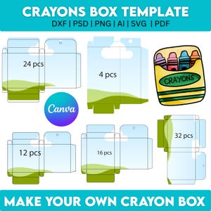 May include: A template for DIY crayon boxes, featuring various box designs with different capacity options: 4, 12, 16, 24, and 32 crayons. The design includes a landscape illustration and the text "CRAYONS BOX TEMPLATE" and "MAKE YOUR OWN CRAYON BOX".