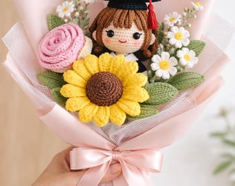 Ramo de graduación de ganchillo, Muñeca de graduación personalizada, Regalo de graduación hecho a mano, Flores de ganchillo, Regalo para graduado, Regalo para graduado universitario