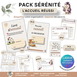 Peut inclure: Ensemble de documents imprimables avec le texte "PACK SÉRÉNITÉ L'ACCUEIL RÉUSSI". Les documents comprennent un livret d'accueil, un carnet de familiarisation, des listes de contrôle et des guides de planification. Le design présente des illustrations de hibou et d'ours en peluche.