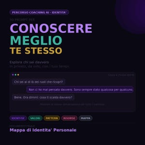 Op de afbeelding: Een donkerpaarse afbeelding met Italiaanse tekst. De tekst bevat "CONOSCERE MEGLIO TE STESSO" in grote, kleurrijke letters. Extra tekst gaat over zelfexploratie en identiteitsvragen.