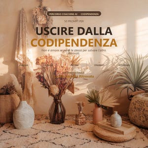 Può includere: Un grafico digitale con il testo PERCORSO COACHING AI - CODIPENDENZA, 50 PROMPT PER USCIRE DALLA CODIPENDENZA e Non è amore se perdi te stesso per salvare l'altro. Ritrovati. L'immagine mostra vari vasi e piante essiccate.