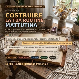 Può includere: Un diario in pelle aperto con pagine color crema decorate da illustrazioni botaniche, appoggiato su una superficie in legno con sovrapposizioni di testo in italiano tra cui 'COSTRUIRE LA TUA ROUTINE MATTUTINA' e vari riquadri di testo.