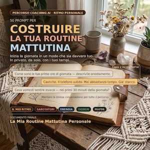 Può includere: Un diario rilegato in pelle aperto con illustrazioni floreali e testo scritto a mano è su un tavolo di legno. Il testo recita "COSTRUIRE LA TUA ROUTINE MATTUTINA" e "La Mia Routine Mattutina Personale". Una tazza, un vaso di fiori e cristalli sono anche sul tavolo.