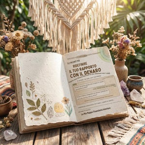 Op de afbeelding: Een open boek met botanische illustraties en Italiaanse tekst: "RIDEFINIRE IL TUO RAPPORTO CON IL DENARO". Het boek ligt op een houten tafel, omringd door gedroogde bloemen en kristallen.