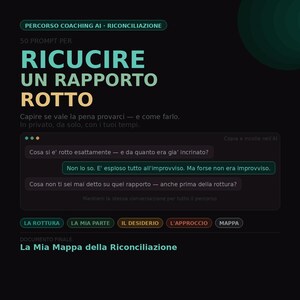 May include: A digital graphic in Italian with the title "RICUCIRE UN RAPPORTO ROTTO" in large teal letters. The image includes prompts and the final document title: "La Mia Mappa della Riconciliazione".