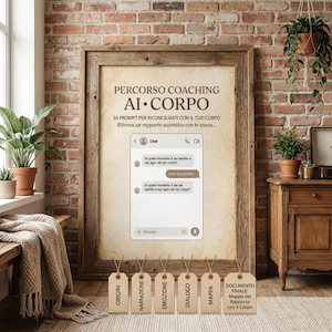 Puede incluir: Un cartel enmarcado con texto en italiano, incluyendo "PERCORSO COACHING AI CORPO" y "50 PROMPT PER RICONCILIARTI CON IL TUO CORPO." Debajo hay etiquetas con "ORIGINI," "NARRAZIONE," "EMOZIONE," "DIALOGO," "MAPPA" y "DOCUMENTO FINALE."