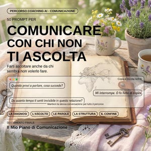 May include: An open book with a world map sketch, keys, and Italian text. The text includes "COMUNICARE CON CHI NON TI ASCOLTA" and prompts for communication. Flowers and a teacup are in the background.