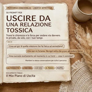 Può includere: Un quaderno aperto con testo in italiano, intitolato "USCIRE DA UNA RELAZIONE TOSSICA" (Uscire da una relazione tossica). La pagina include suggerimenti e un titolo del documento finale, "Il Mio Piano di Uscita". Una tazza di caffè è nelle vicinanze.