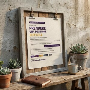 Può includere: Una cornice rettangolare con bordo in cemento e retro in legno contiene un foglio di carta intitolato PRENDERE UNA DECISIONE DIFFICILE. Il testo include suggerimenti per il processo decisionale, con accenti viola e gialli, sospeso da due clip.