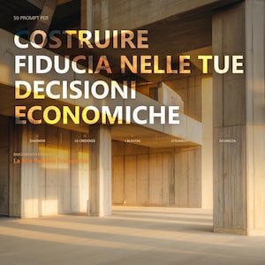 Puede incluir: Un gráfico digital que muestra un interior arquitectónico de hormigón con el texto 50 PROMPT PER COSTRUIRE FIDUCIA NELLE TUE DECISIONI ECONOMICHE, seguido de las etiquetas DIAGNOSI, LE CREDENZE, I BLOCCHI, STRUMENTI, SICUREZZA y LA MIA BUSSOLA ECONOMICA.