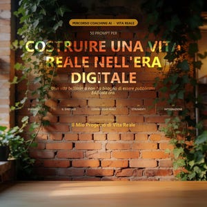 Puede incluir: Un gráfico digital sobre una pared de ladrillo rojo con hiedra verde, que presenta el texto: PERCORSO COACHING AI VITA REALE, 50 PROMPT PER COSTRUIRE UNA VITA REALE NELL'ERA DIGITALE, Una vita bellissima non ha bisogno di essere pubblicata.