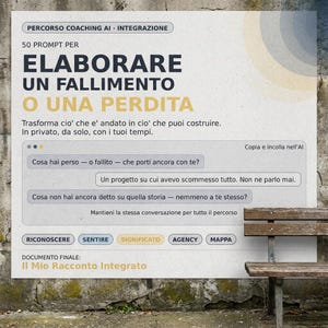 May include: A beige and white graphic with Italian text. The text reads "PERCORSO COACHING AI - INTEGRAZIONE" and "50 PROMPT PER ELABORARE UN FALLIMENTO O UNA PERDITA". The graphic includes a wooden bench.