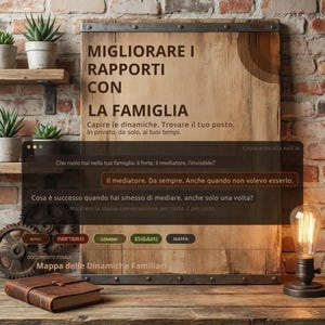 Op de afbeelding: Een houten bord met Italiaanse tekst, waaronder "MIGLIORARE I RAPPORTI CON LA FAMIGLIA", wordt weergegeven. Het bord staat op een houten tafel met een leren boek, een gloeilamp en potplanten. De tekst vertaalt zich naar "RELATIES MET DE FAMILIE VERBETEREN."