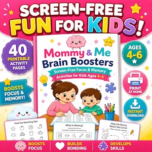 Libro de actividades preescolares en PDF, actividades de aprendizaje sin pantallas para niños de 4 a 6 años, cuaderno de juegos de memoria, imprimible para desarrollar la concentración, diversión para momentos de tranquilidad.