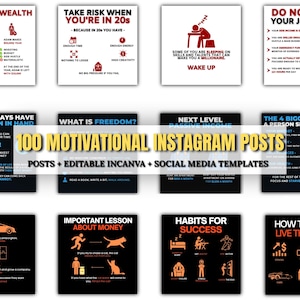Puede incluir: Una colección de 10 publicaciones motivacionales de Instagram con fondos negros y texto naranja y blanco. Las publicaciones cubren temas como ingresos, riqueza, toma de riesgos y hábitos para el éxito. El texto "100 Motivational Instagram Posts" también es visible.