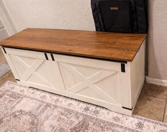 Farmhouse Storage Bench with Wood Top Entryway Shoe Bench Rustic Blanket Chest Wooden Storage Trunk for Bedroom Living Room