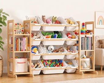 Wooden Toy Storage Organizer with Bookshelf, 12 Bins, Playroom Nursery Furniture